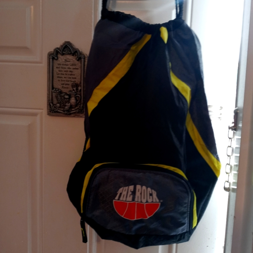 🏀THE ROCK Official String Backpack 🆕 Size 20"×16",Black & Gray,Nice Stripes 🏀
